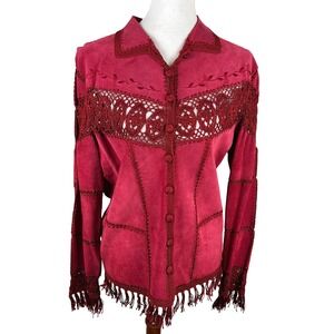 Vintage Red Suede Crochet Fringe Jacket Boho Western Bohemian Festival